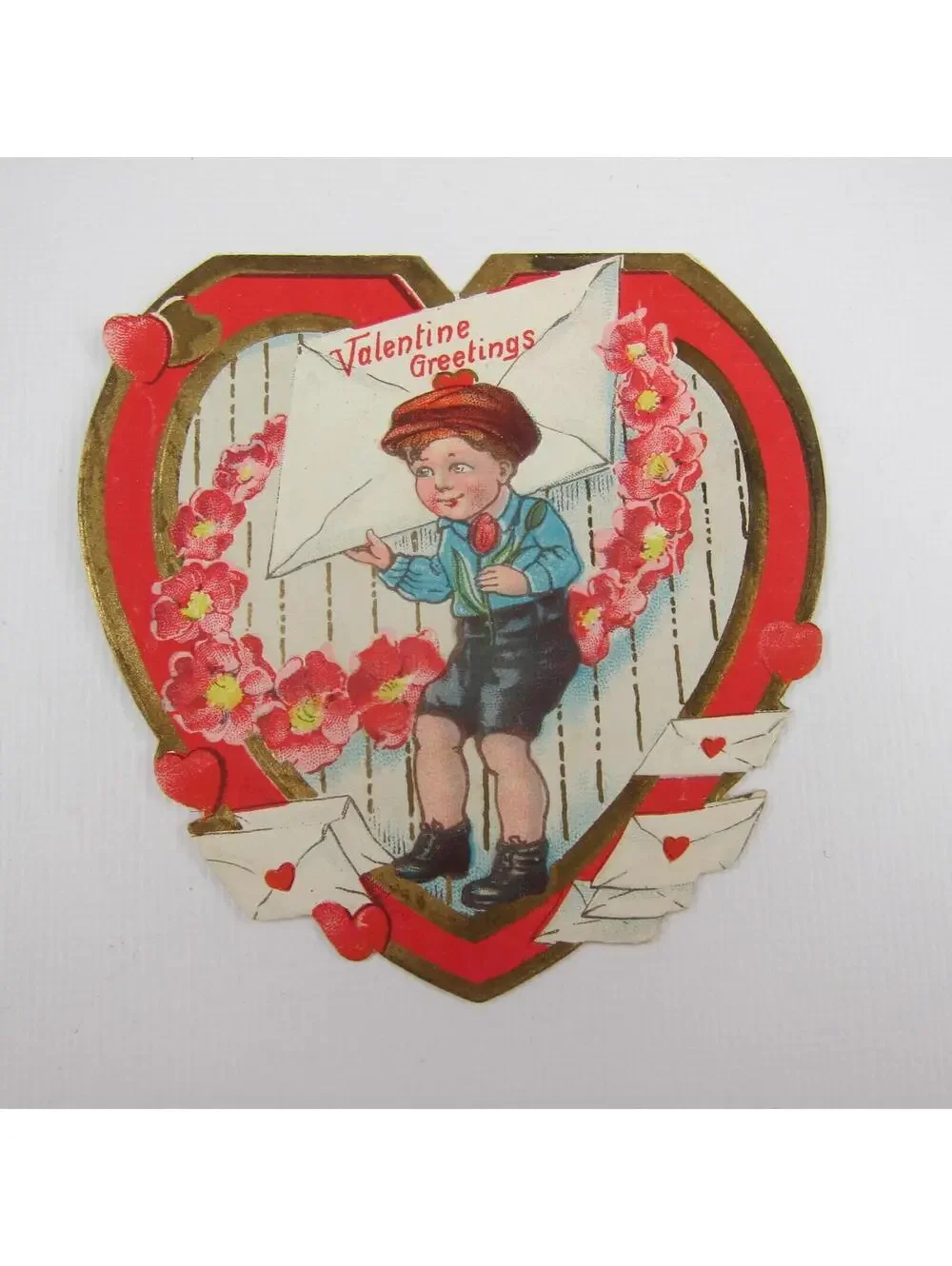 Vintage Valentine Card Die cut Boy Hat Red Rose Flowers Hearts Red Gold UNSIGNED
